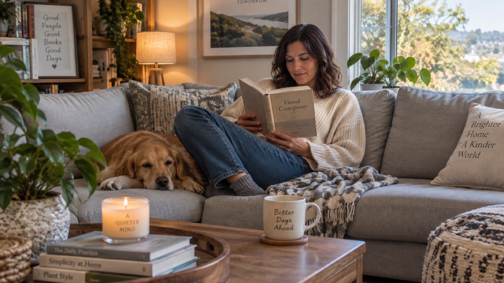 Adult relaxes at home with a book after exercise.