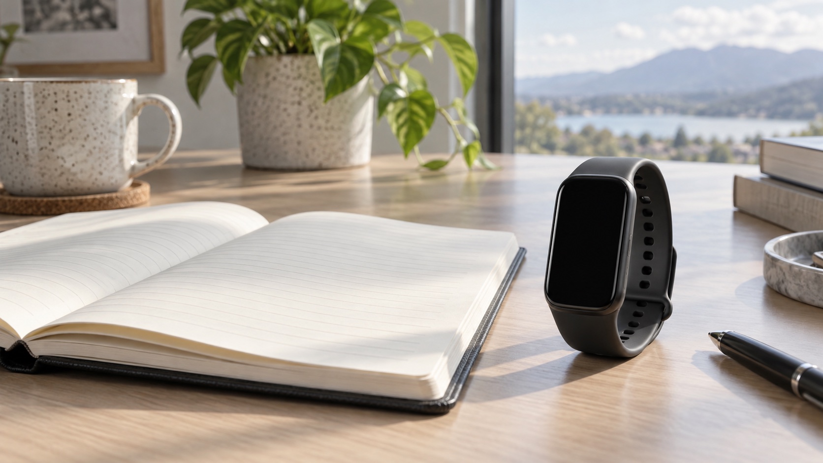 Blank notebook and unbranded wearable on a table.