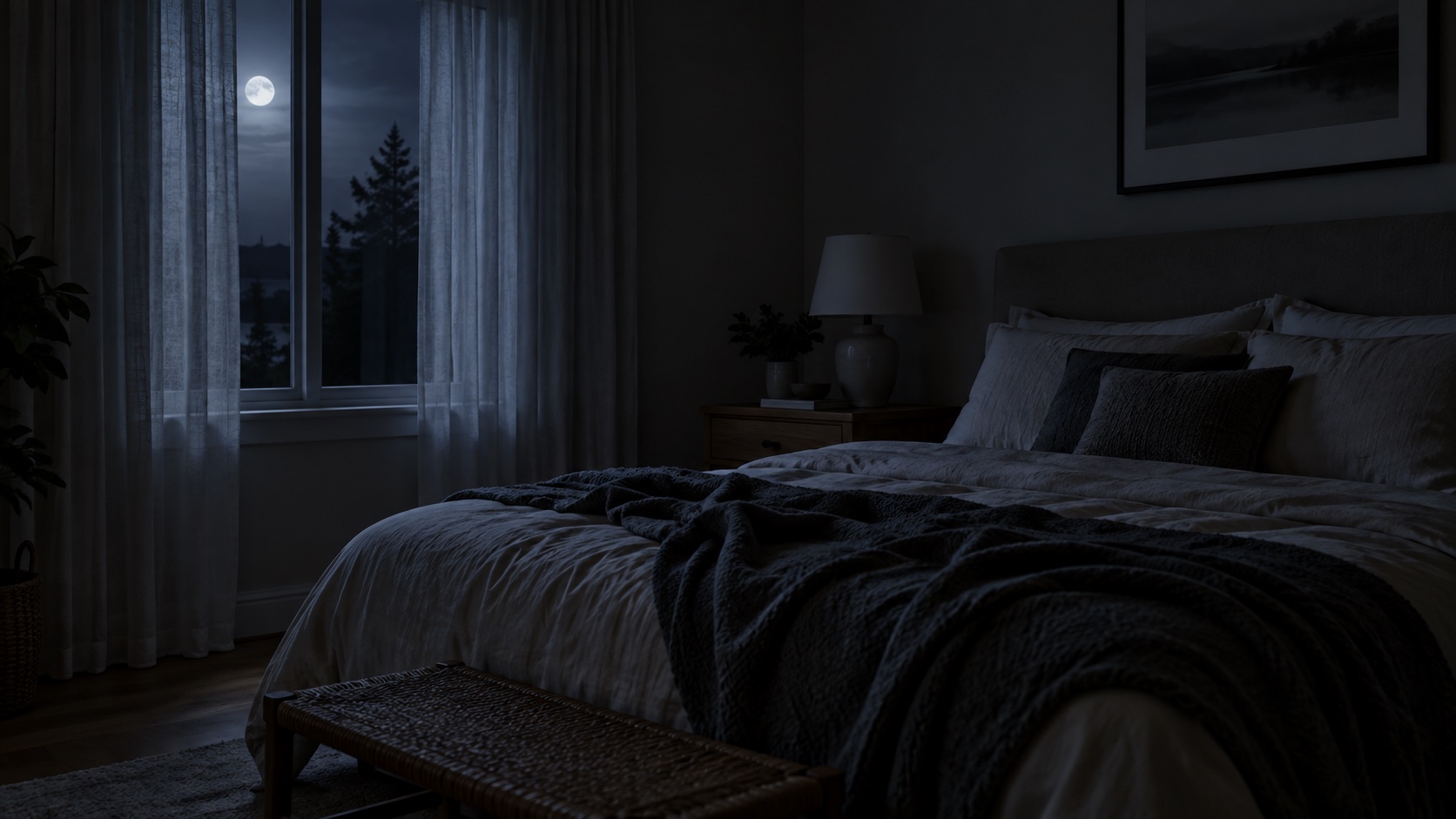 A dark bedroom with blackout curtains and no visible display.