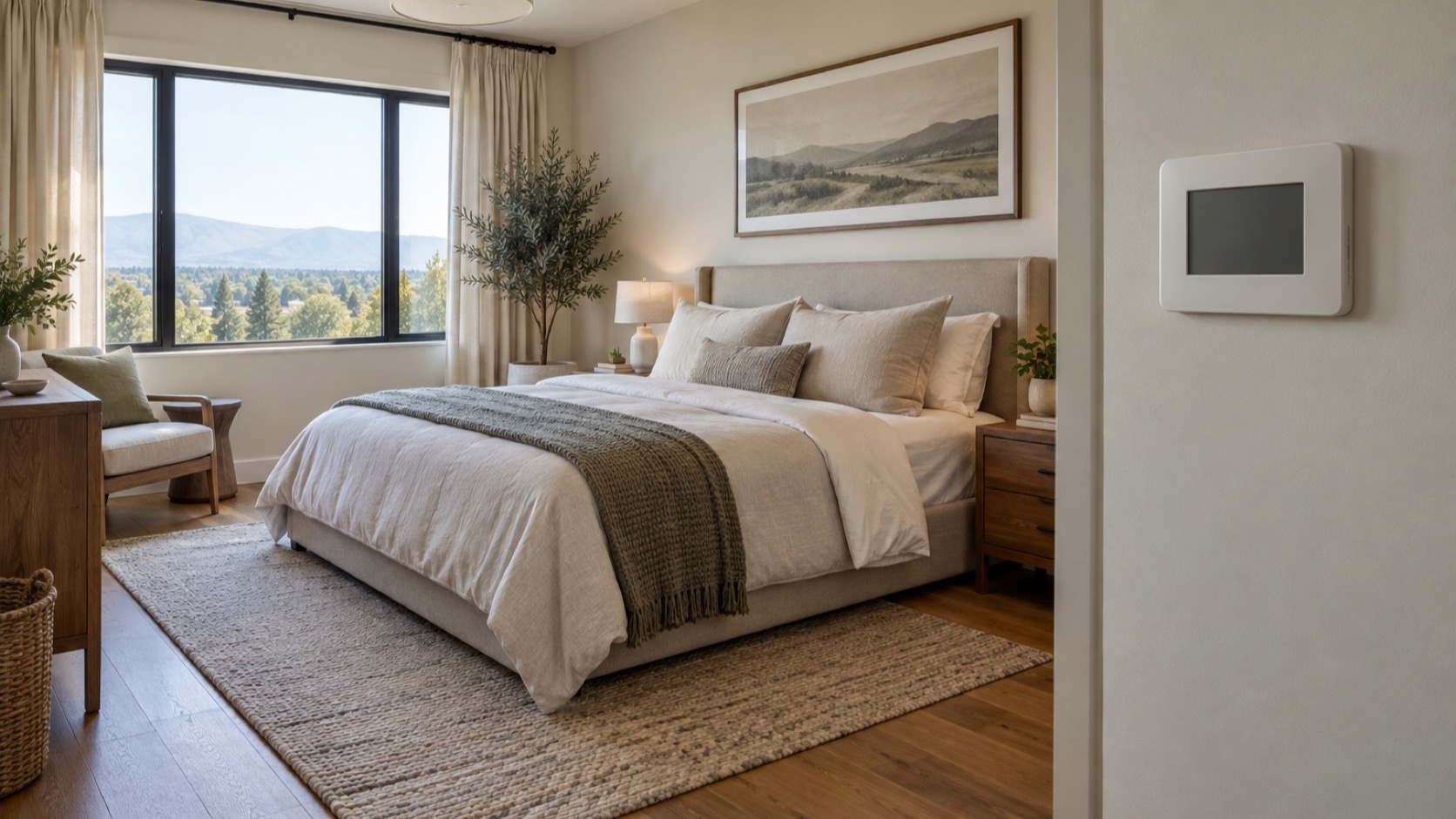 Plain thermostat on wall beside a calm bedroom.
