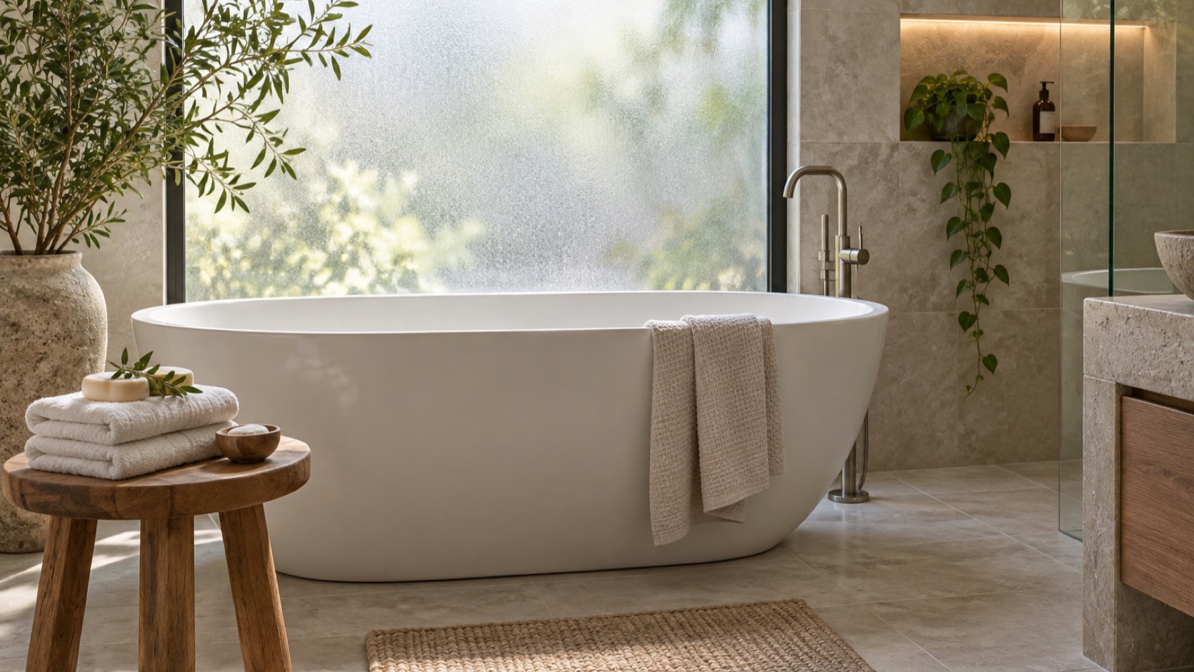 Still bathwater in a quiet bathroom, no person present.
