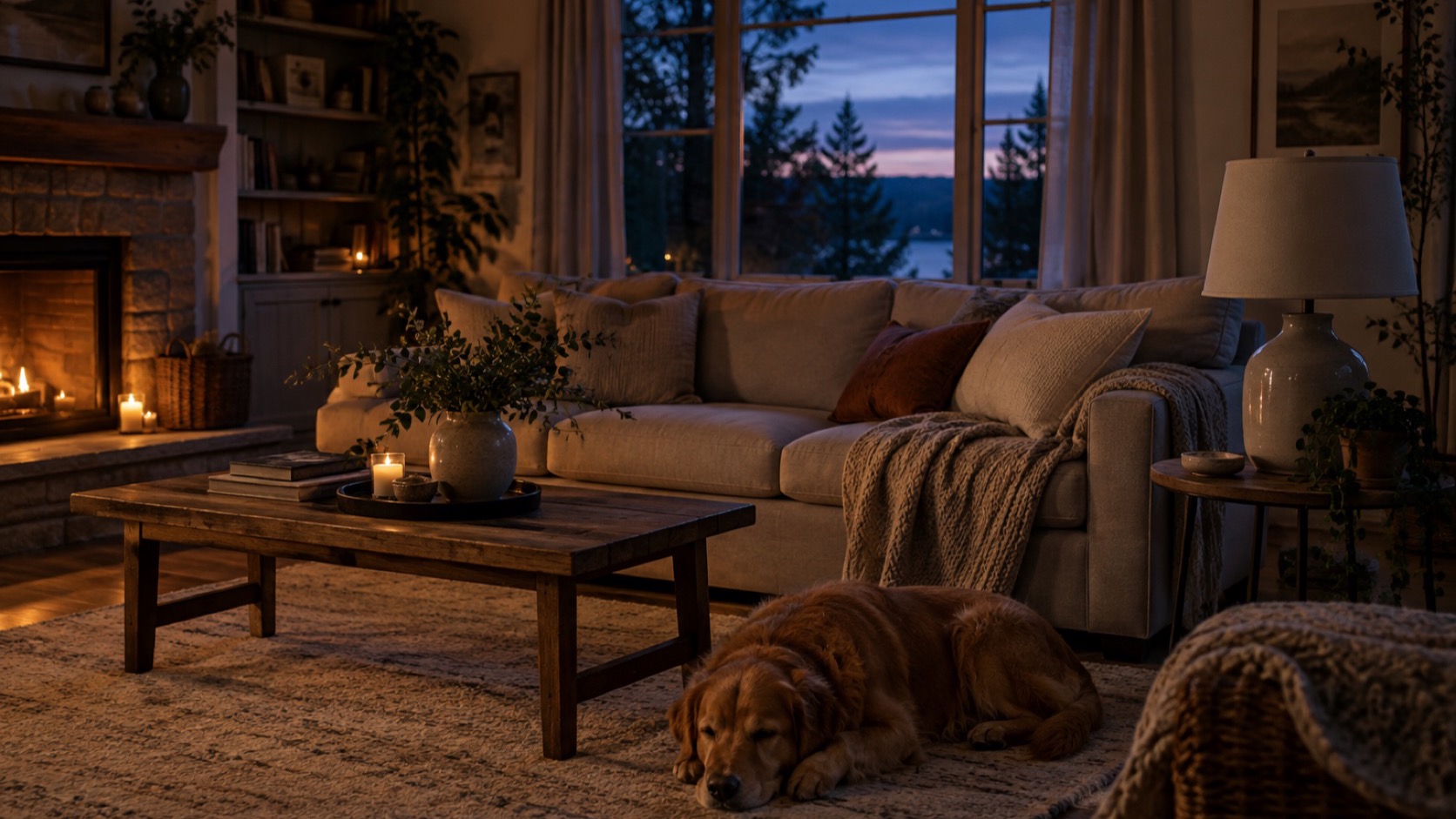 A blank journal on a coffee table in a softly lit room.