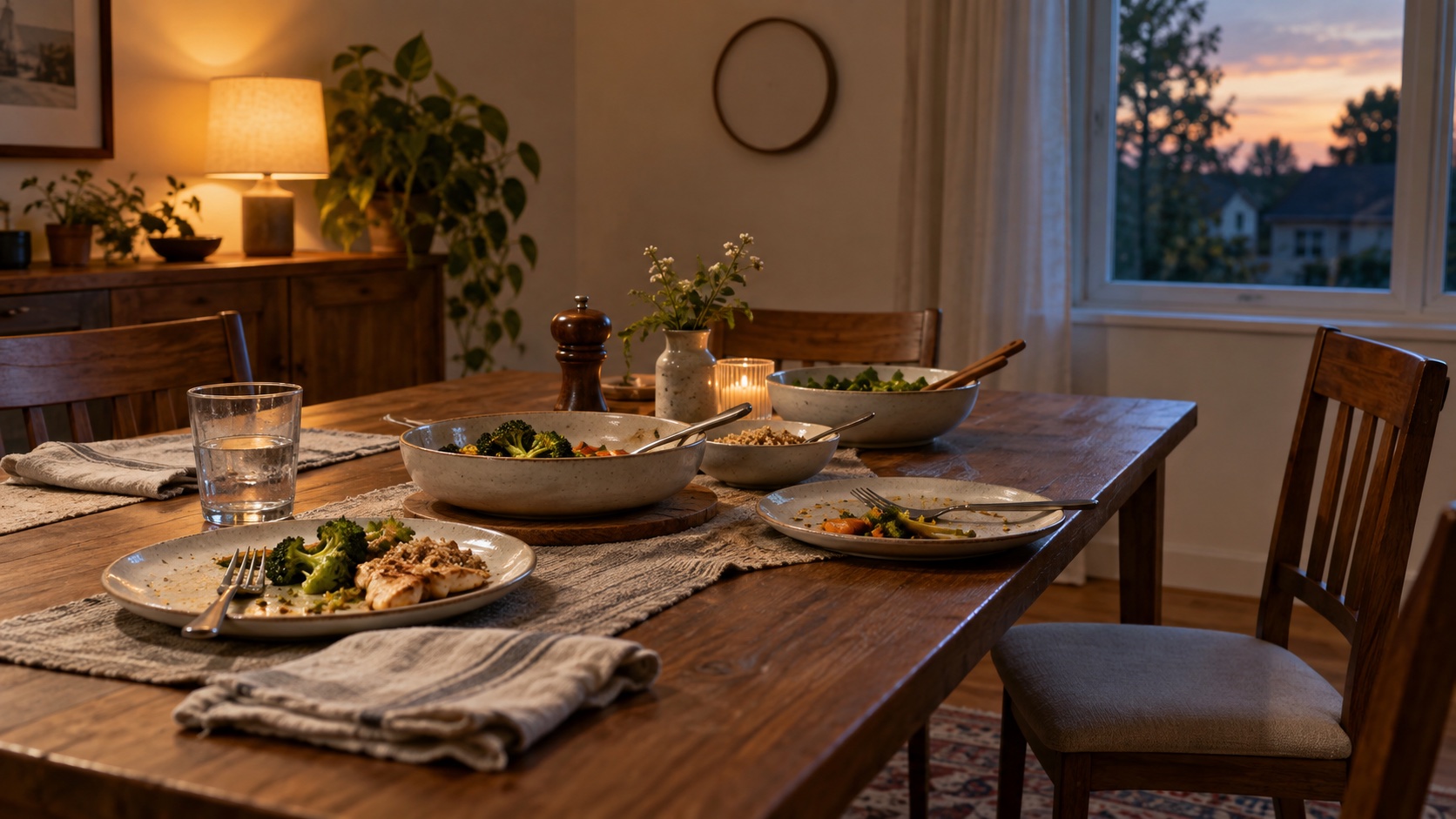 Evening meal set out on a home dining table.