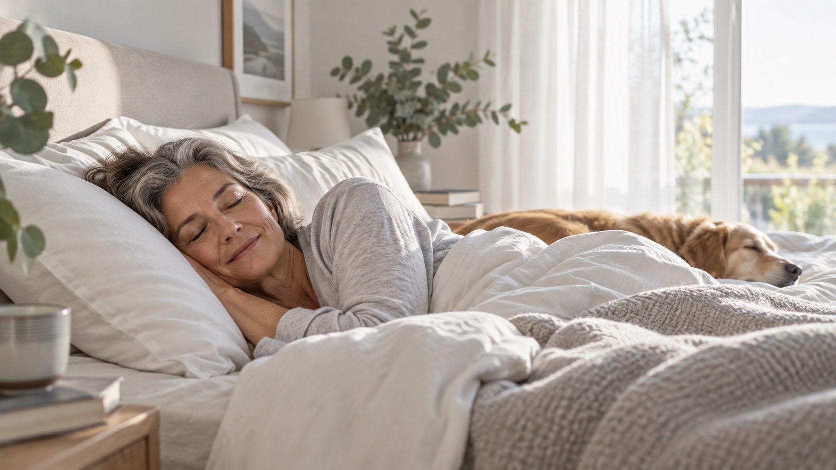 Adult resting in a bright bedroom on a weekend morning.