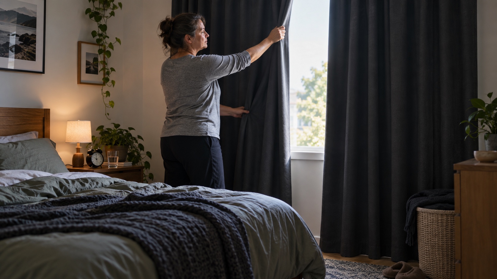 Adult drawing curtains in a bedroom during daylight.