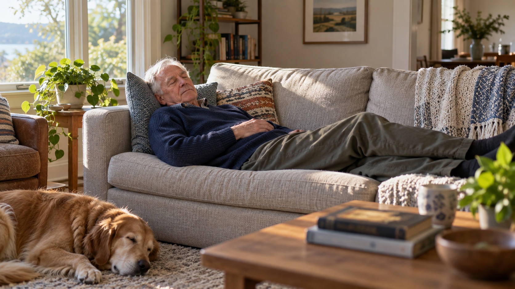 Older adult resting on a sofa in a sunlit room.
