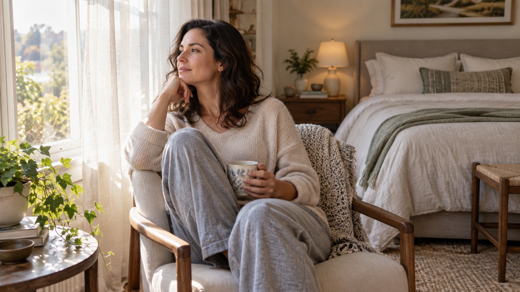 Adult seated near a bedroom window beside a neatly made bed.