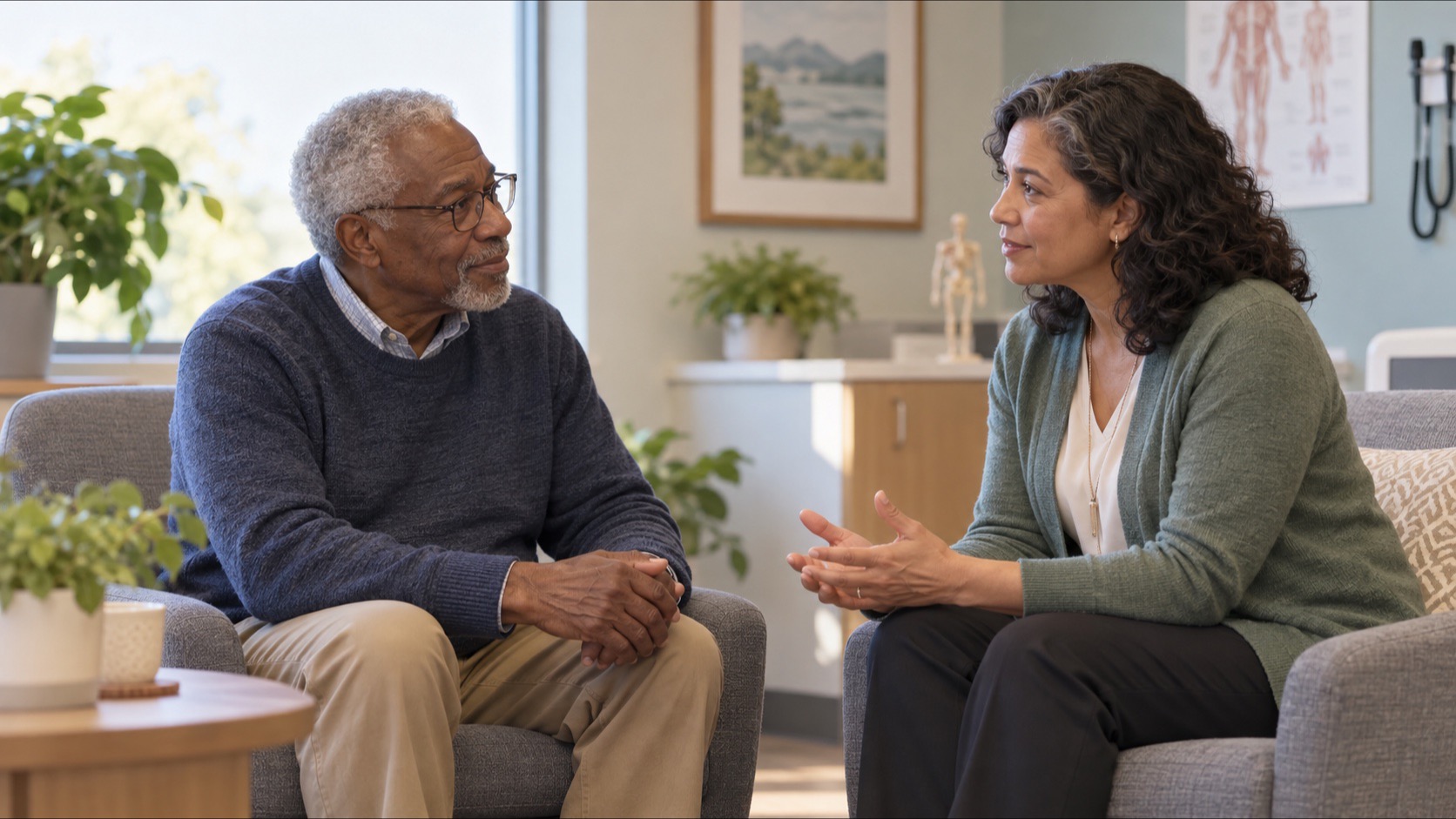 Older adult speaking with a clinician in a calm office.