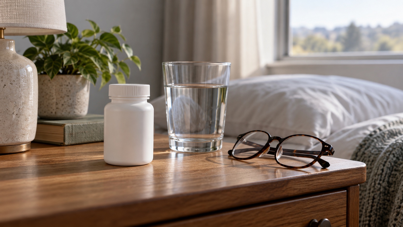 Unmarked container, water glass, and reading glasses on a bedside table.