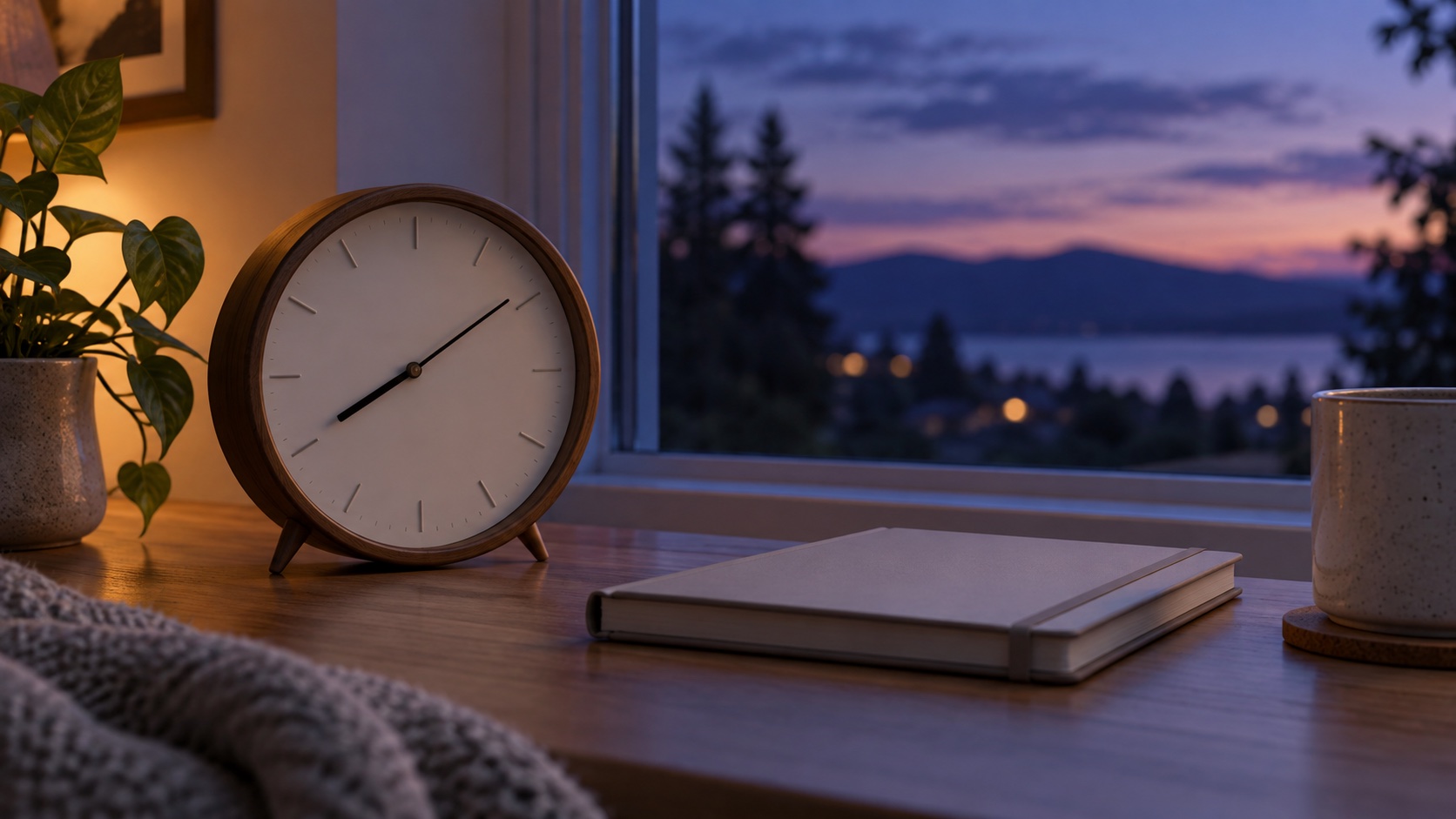 Analog clock and closed blank notebook near a window at twilight.