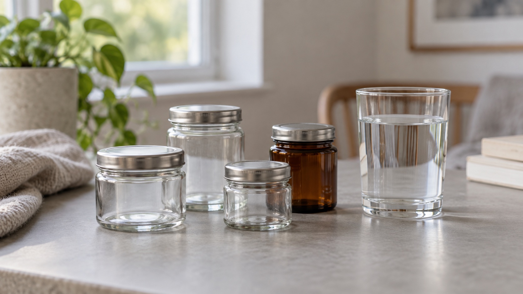 Closed unmarked jars and a glass of water on a neutral table.