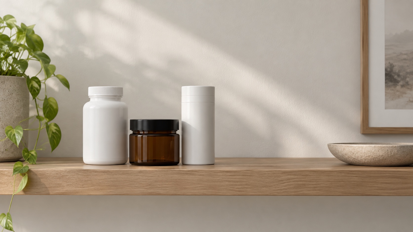 Three plain unmarked containers arranged on a shelf.