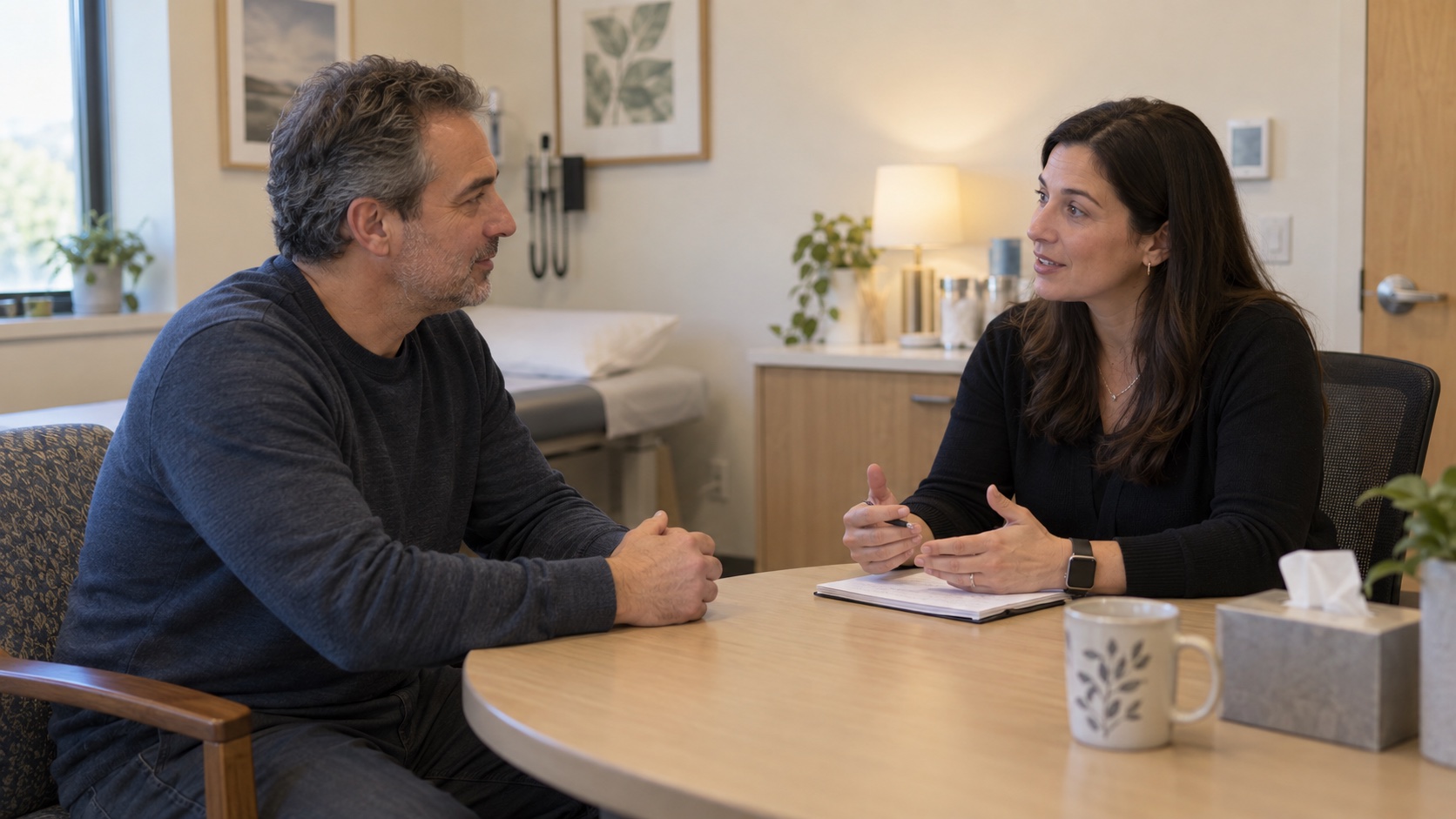 Adult speaking with a clinician in a consultation room.