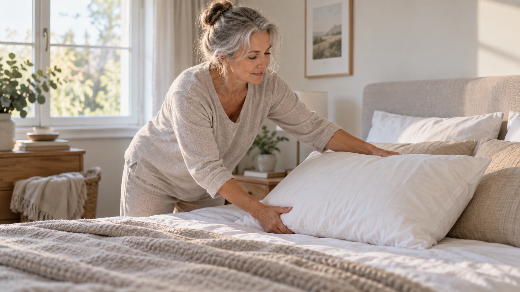 Mature adult adjusting a pillow on a bed.