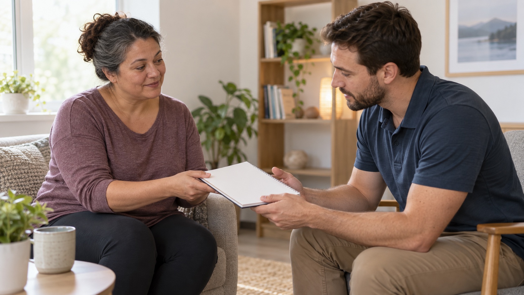 Adult and physiotherapist seated together with a blank page.
