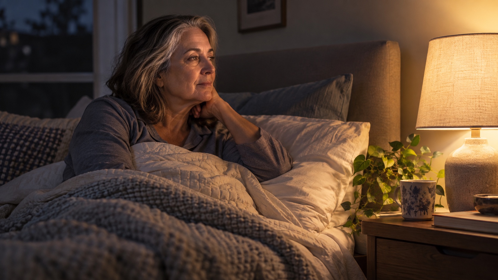 Mature adult awake in bed beside a softly lit bedside lamp.