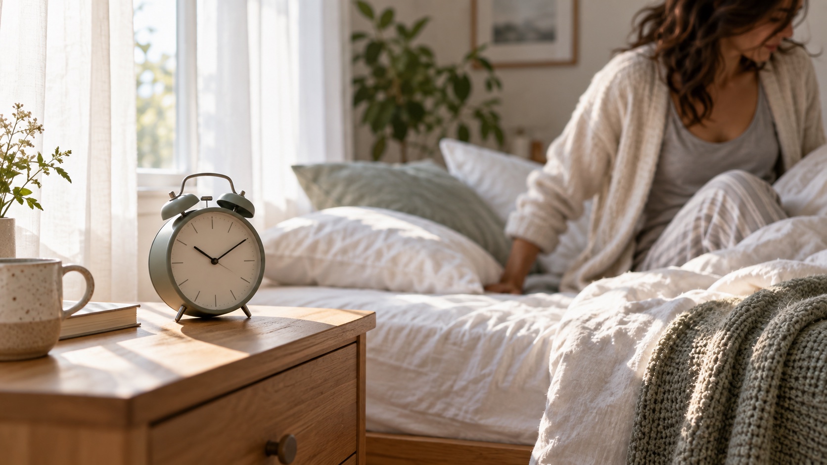 Analog alarm clock on a bedside table near a bright window.