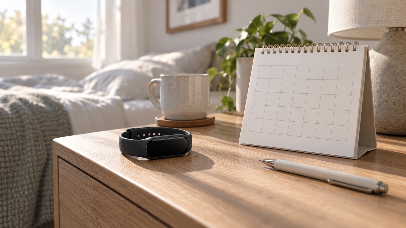 Wearable band beside a blank calendar grid and pen.