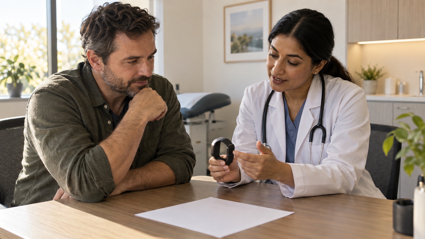 Adult and clinician looking at a wearable and blank sheet of paper.