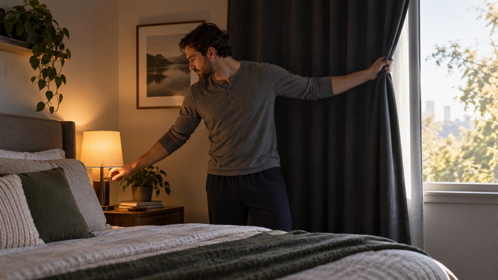 Adult adjusting curtains and a bedside lamp in a bedroom.