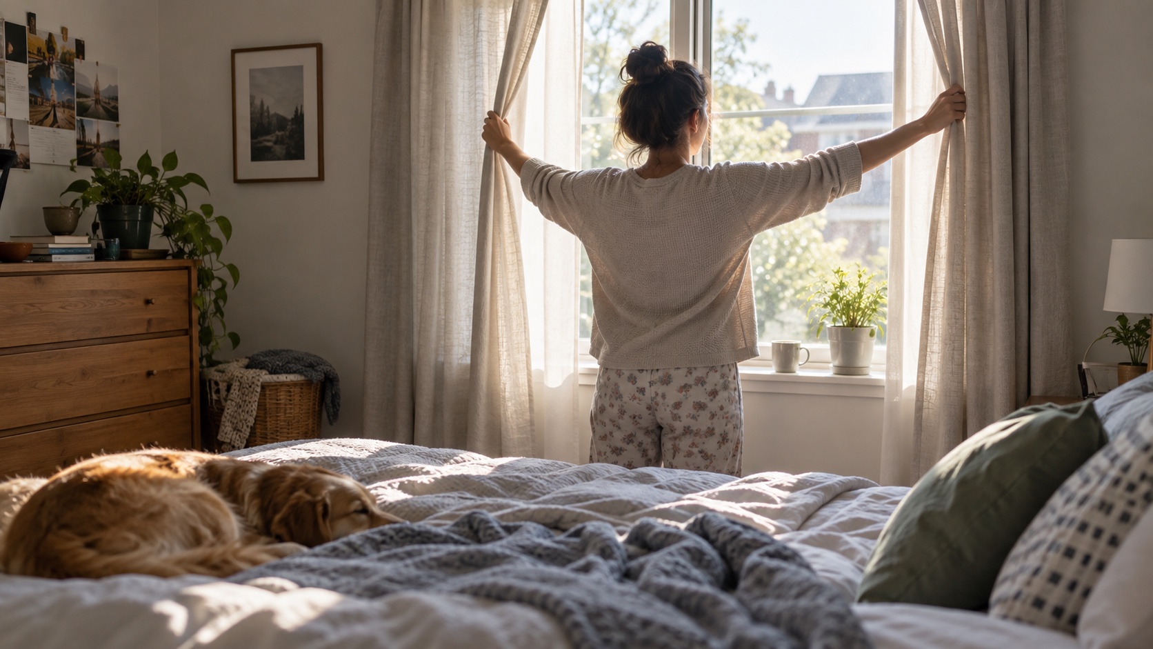 Adult opening bedroom curtains in morning light.