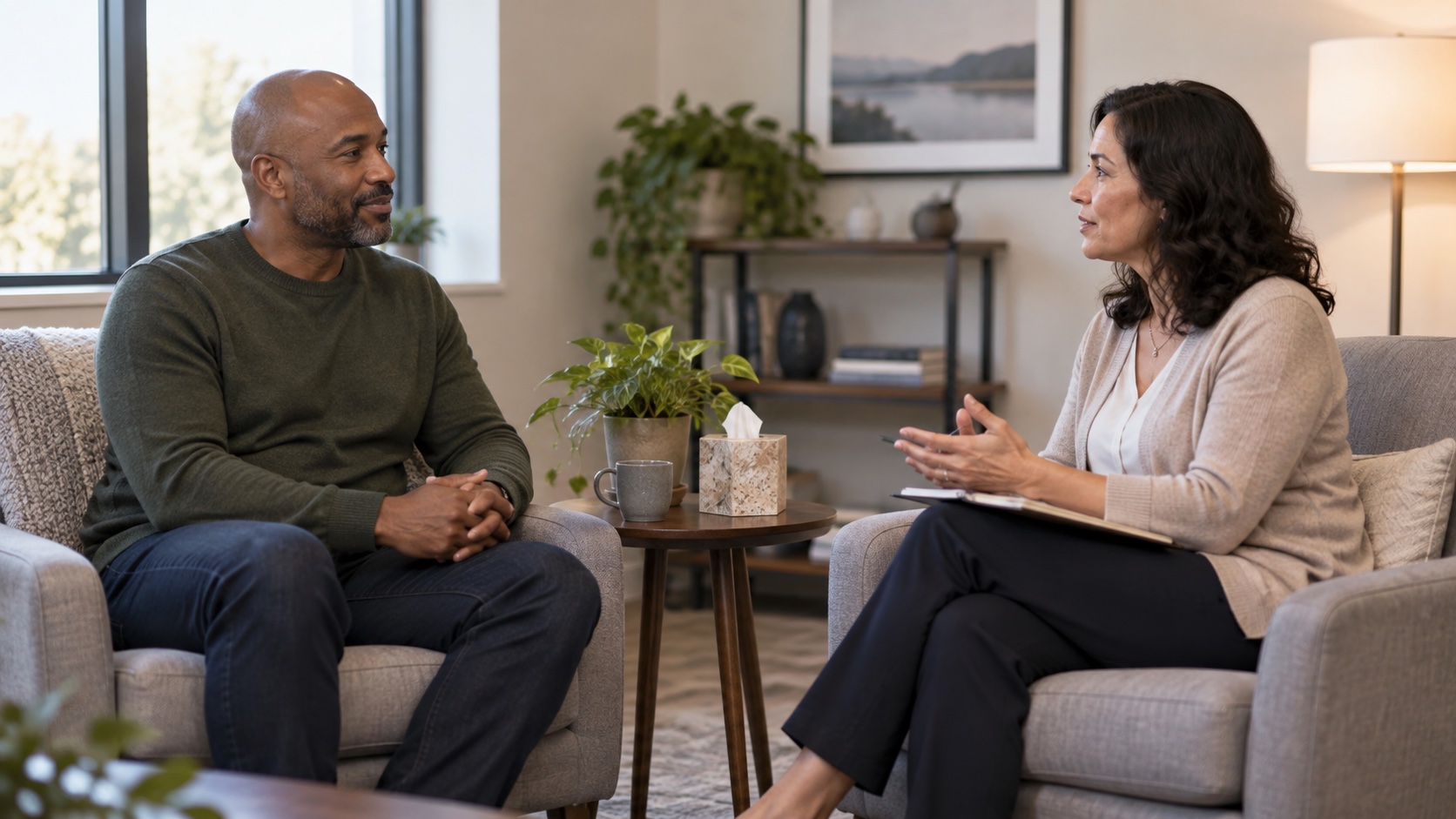 Adult and therapist seated together in conversation.