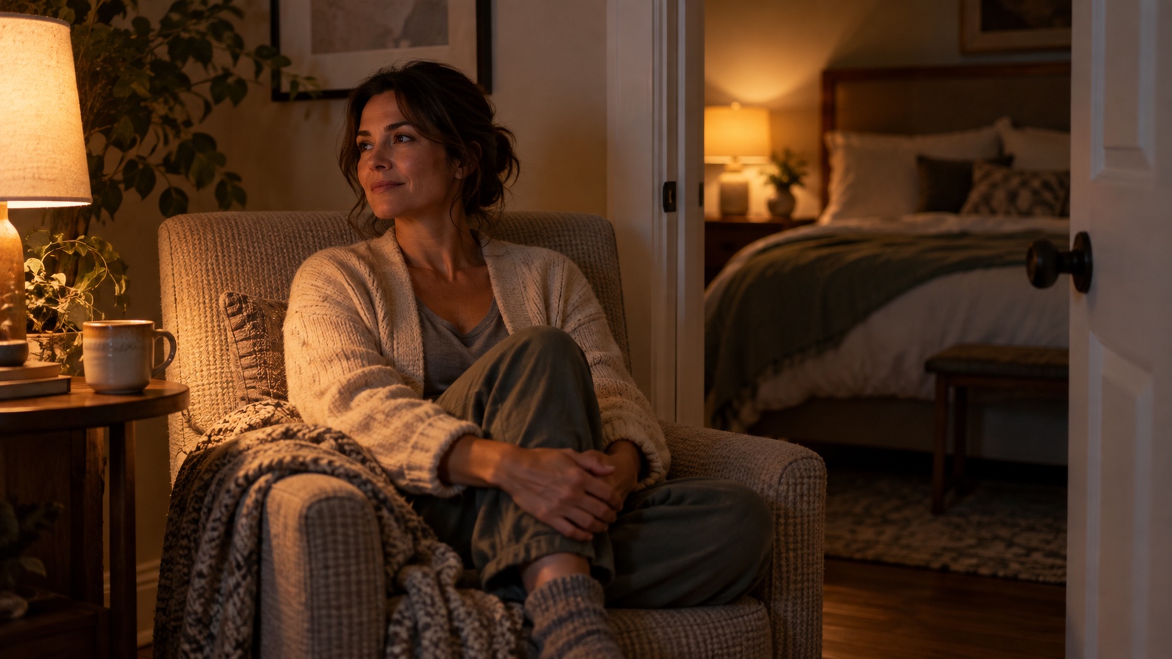 Adult sitting in an armchair in a dim bedroom.