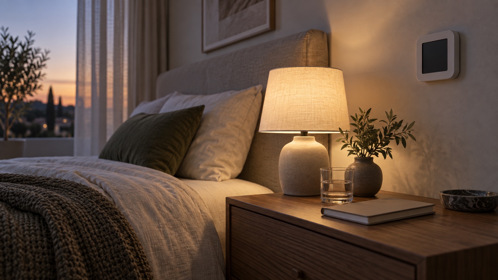 Bedside lamp glowing in a quiet bedroom at dusk.