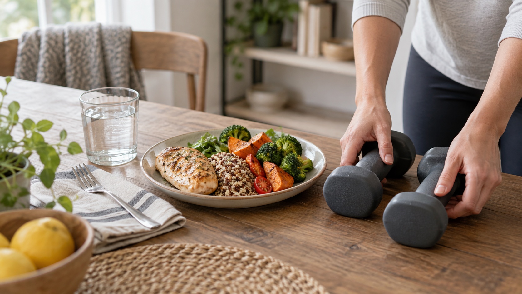Simple meal and dumbbells on a kitchen table.