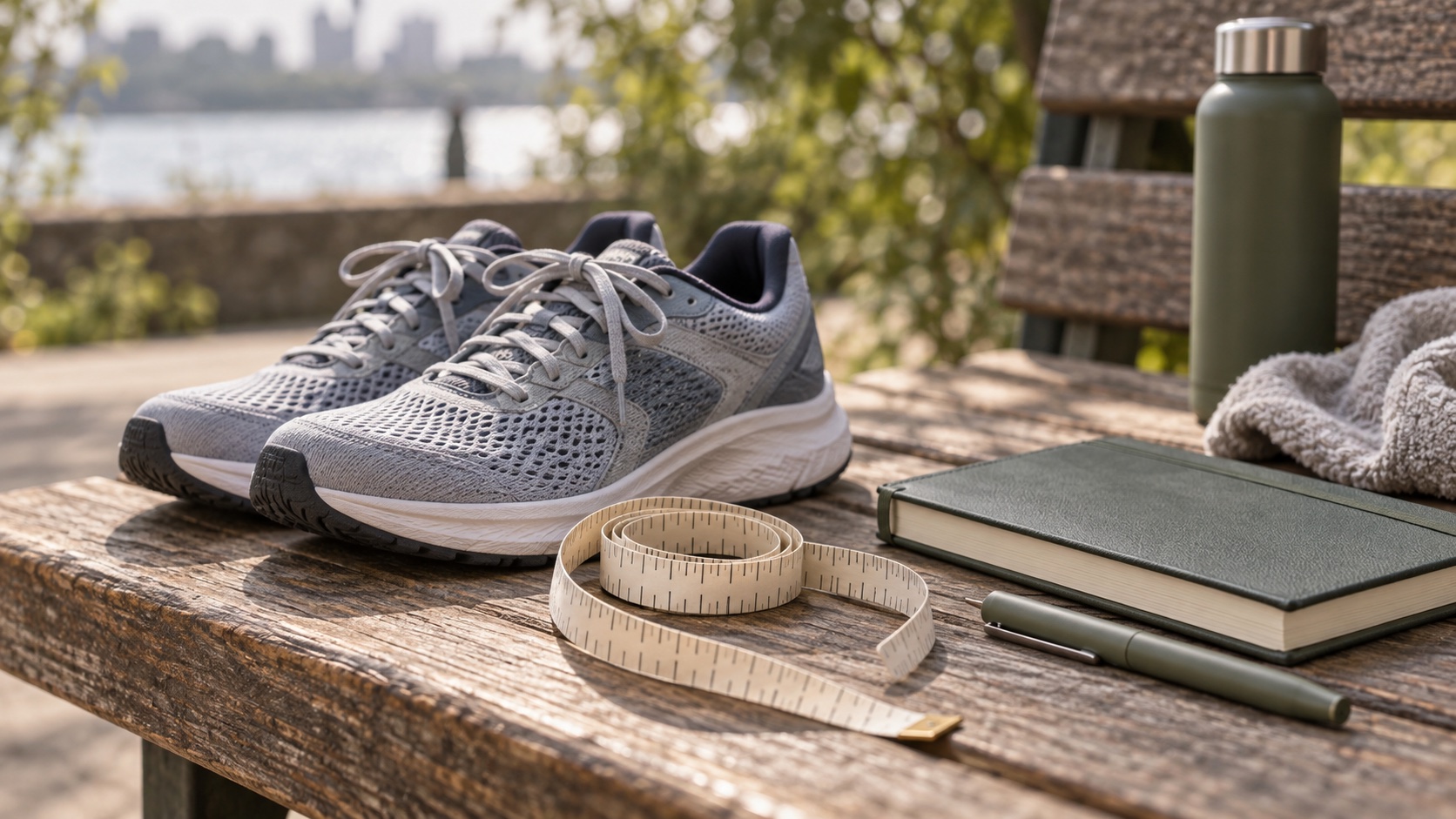 Tape measure beside shoes, notebook, and pen on a bench.