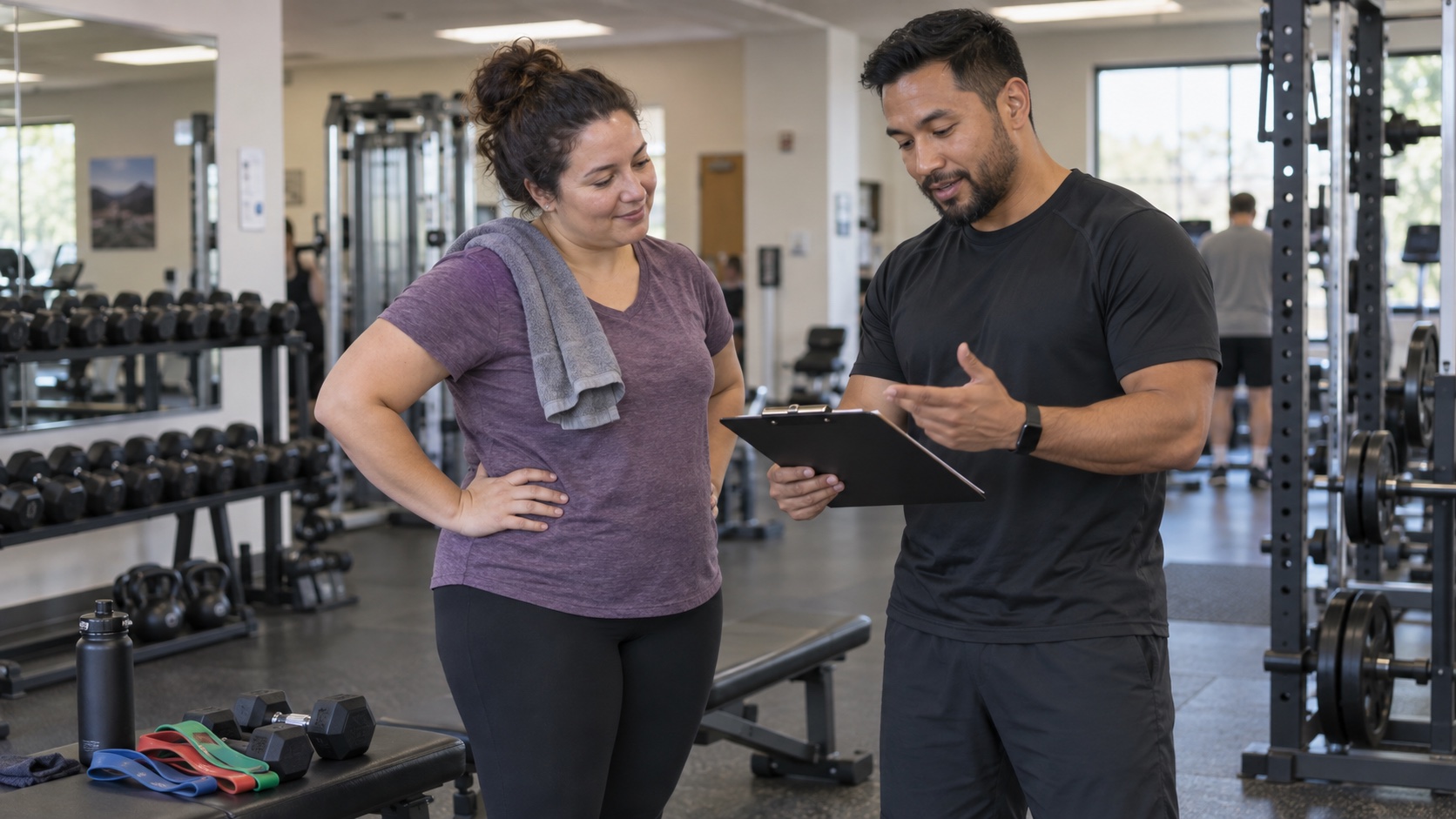 Trainer talking with an adult in a community gym.