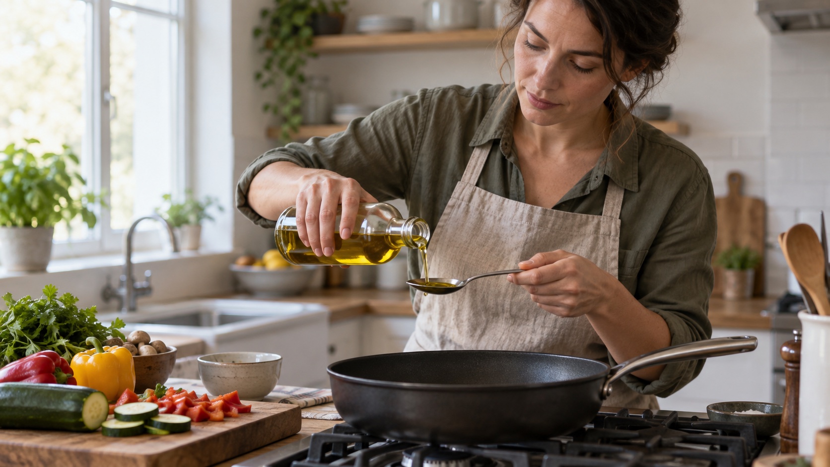 Cook measuring oil beside vegetables and a pan.