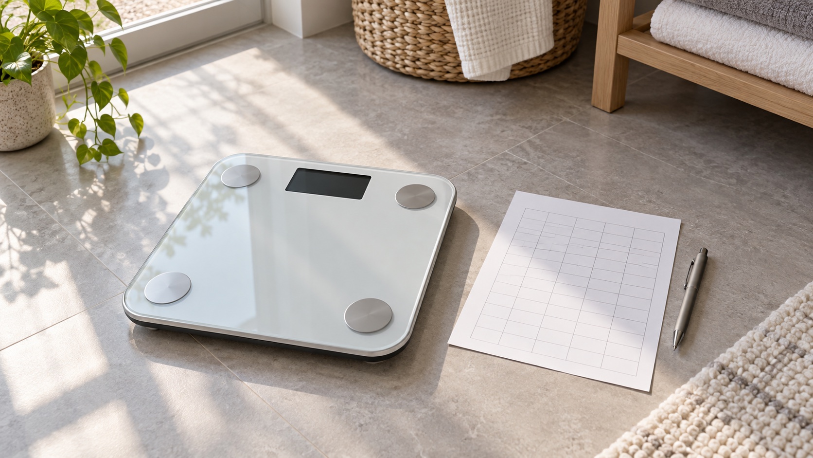 Bathroom scale beside a blank chart and pen.