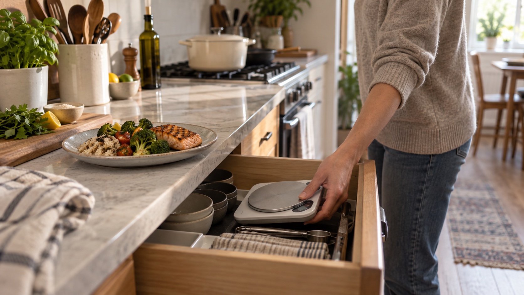 Adult preparing food in a home kitchen.