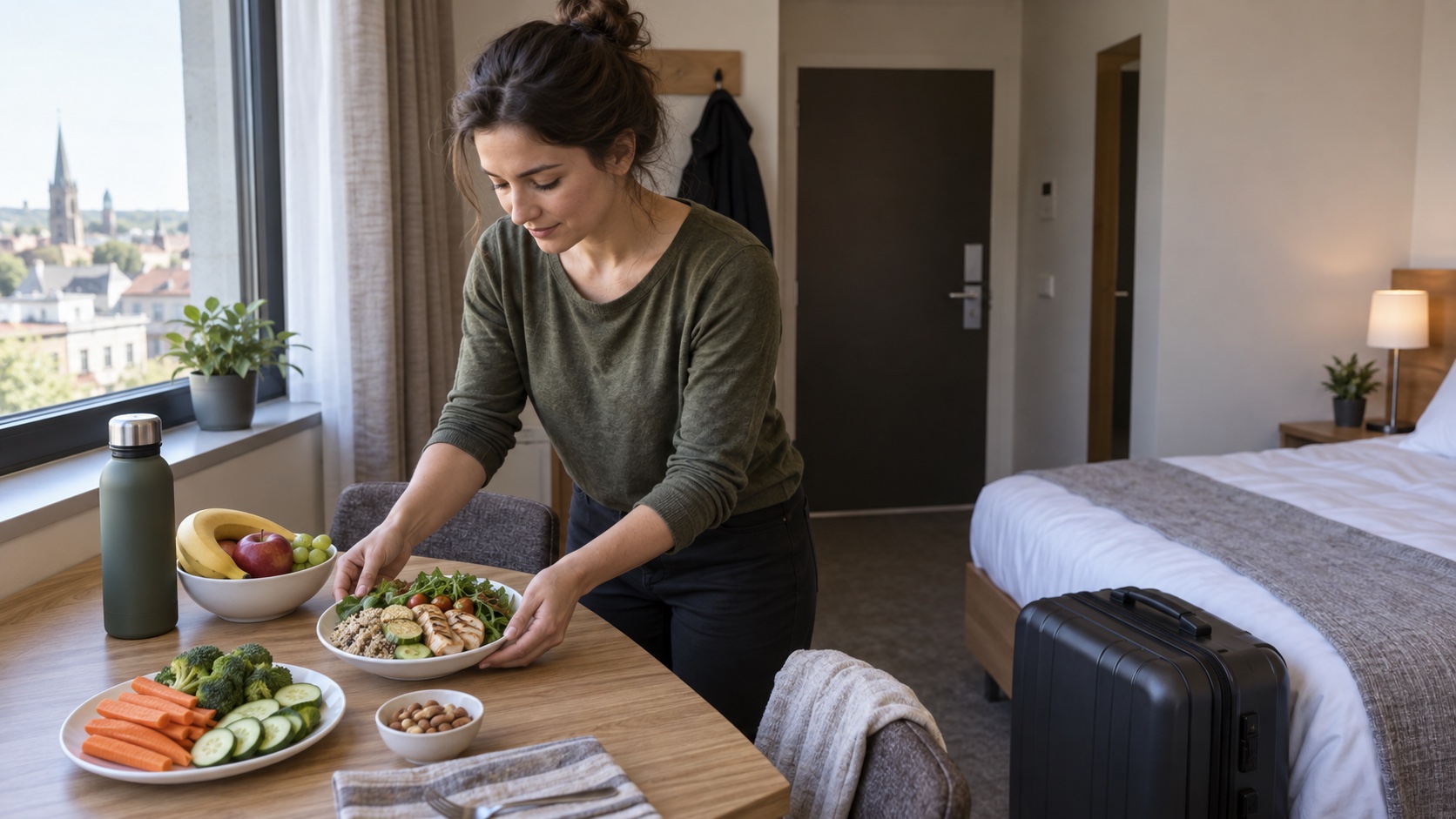 Traveler arranging food in a hotel room beside luggage.