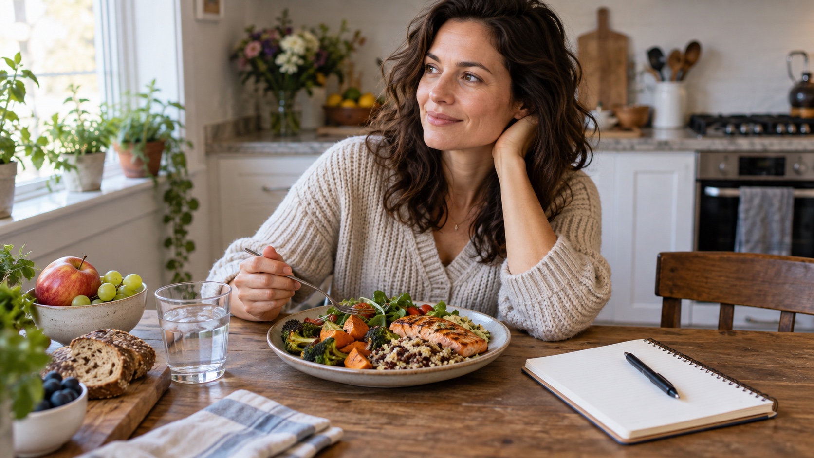Adult seated at a kitchen table with a meal and notebook.