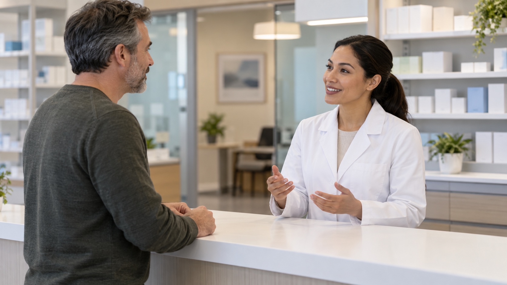 Adult speaking with a pharmacist across a counter.