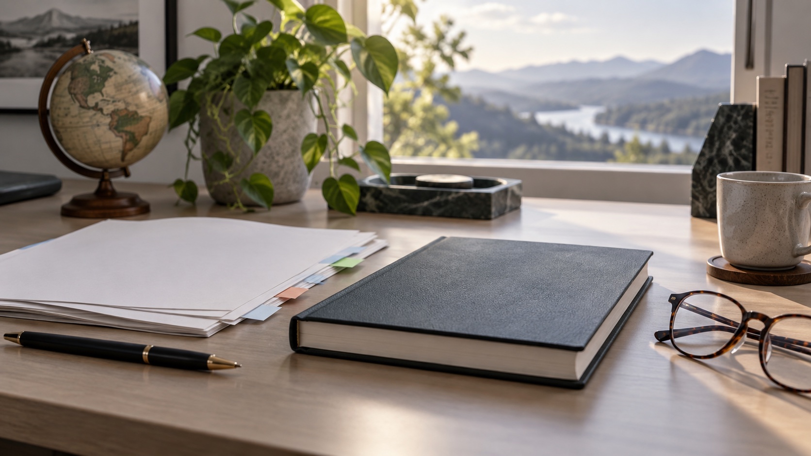 Closed book and blank study papers with colored page tabs on a desk.