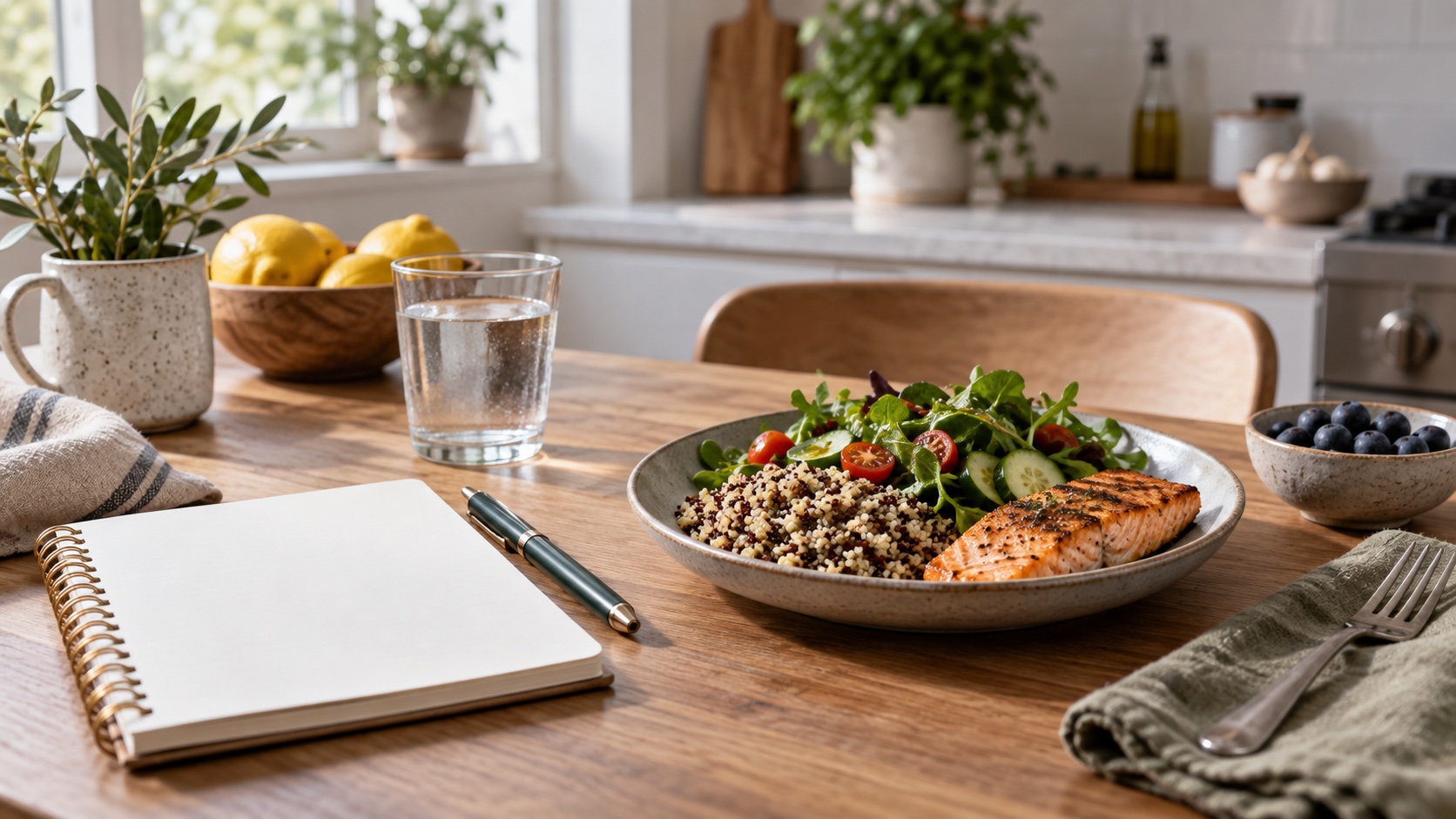 Notebook and a simple meal on a kitchen table.