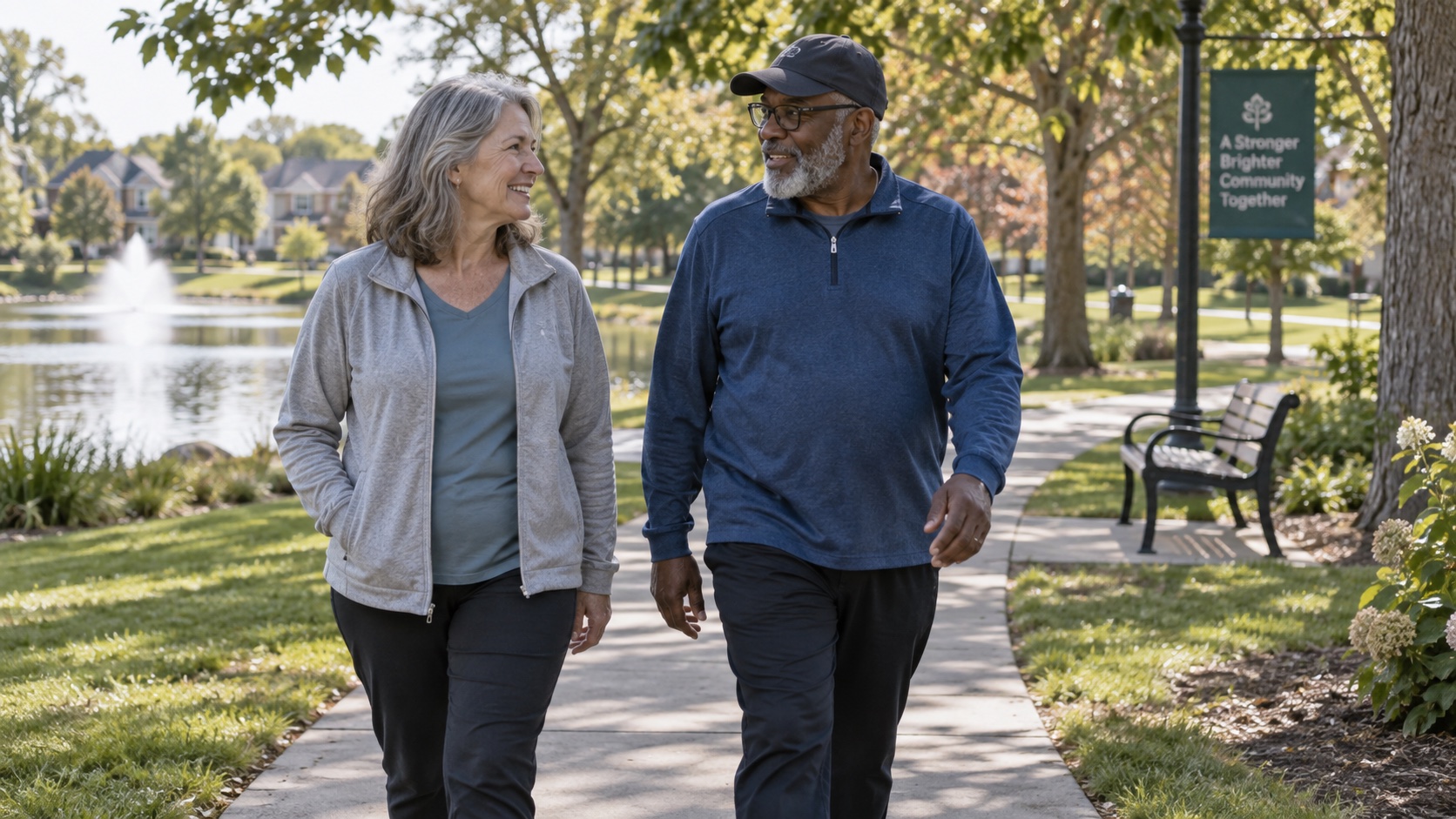 Two adults walking together on a park path.