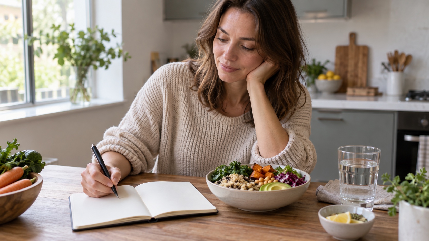 Adult writing in a notebook beside a bowl of food.