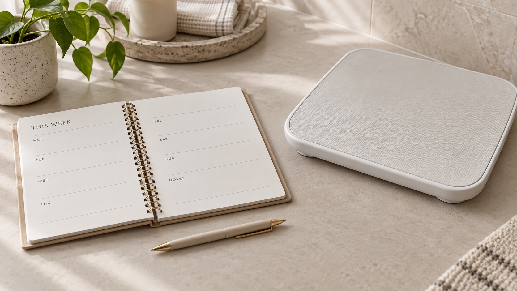 Blank notebook and unmarked bathroom scale on a floor.