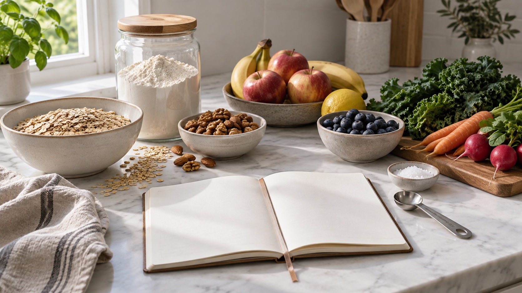 Blank notebook and measuring spoon beside ingredients.