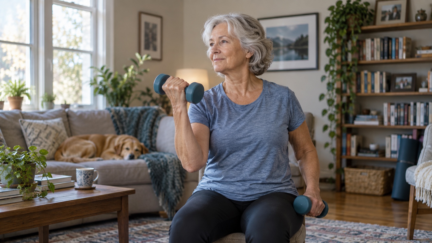 Mature adult lifting a dumbbell in a home setting.