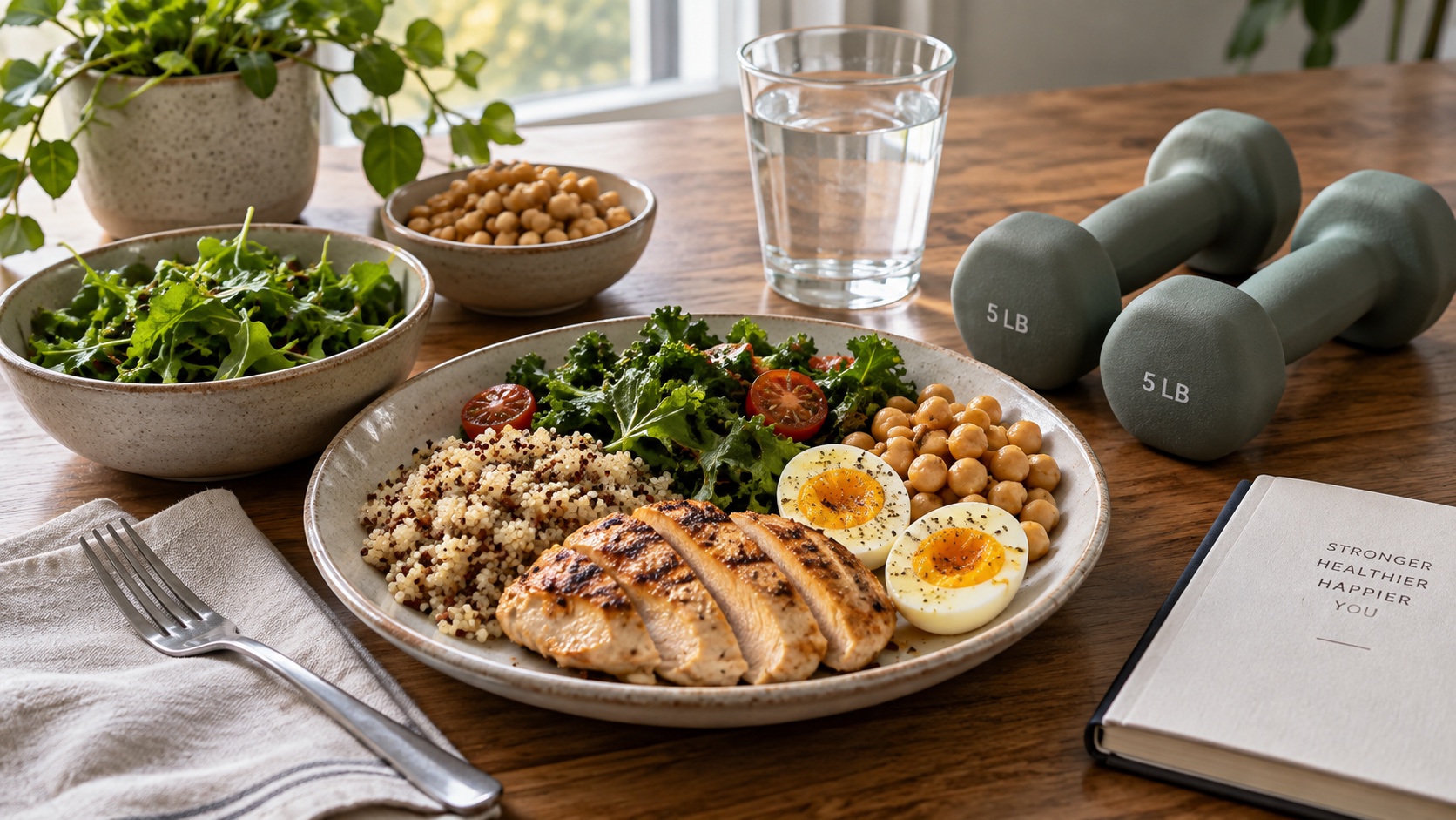 Plate of food beside light hand weights on a table.