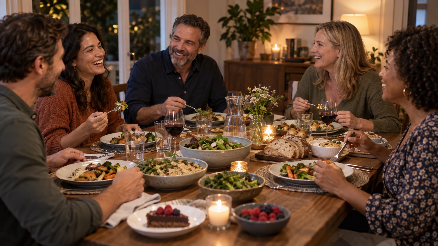 Adults sharing dinner at a table.