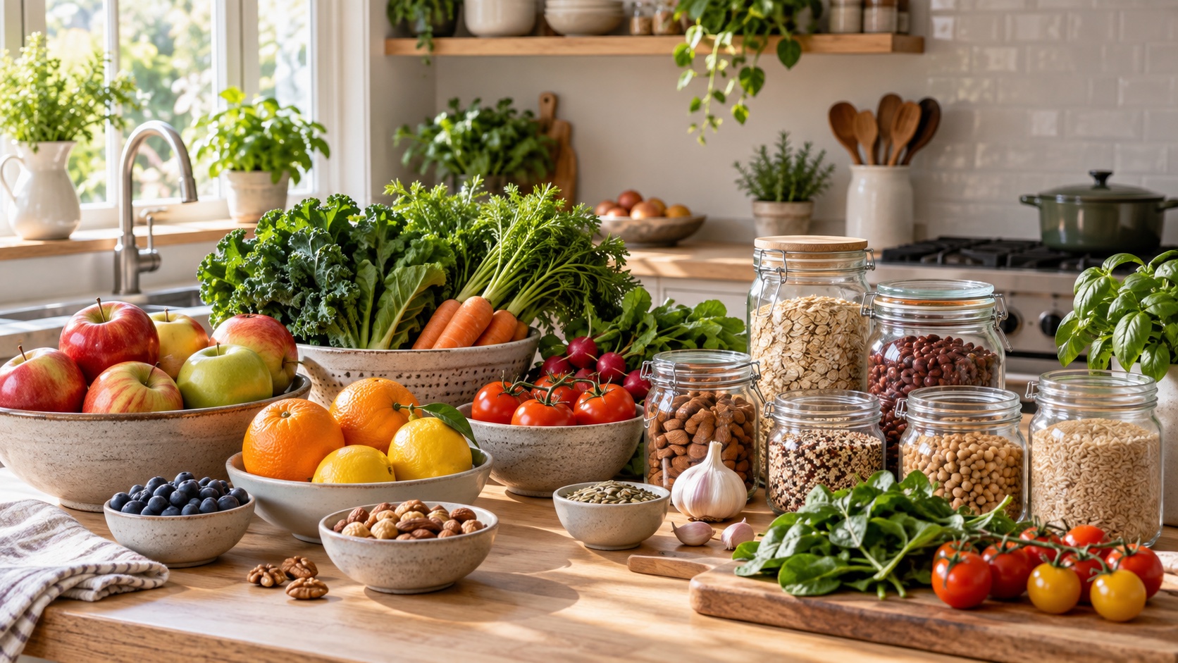 Fruit, vegetables, and pantry items arranged on a counter.