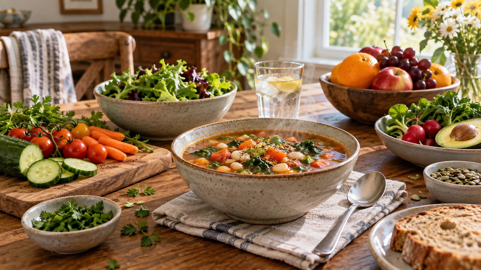 Vegetables, fruit, and soup on a table.
