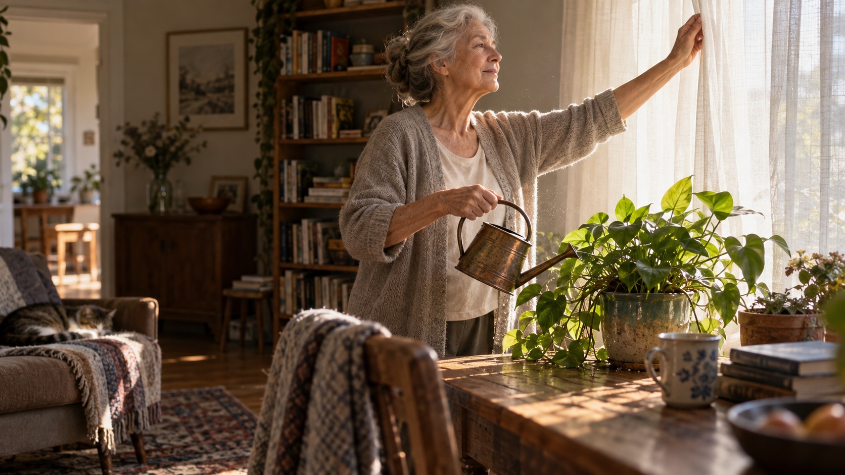 Older adult opening curtains beside a houseplant.
