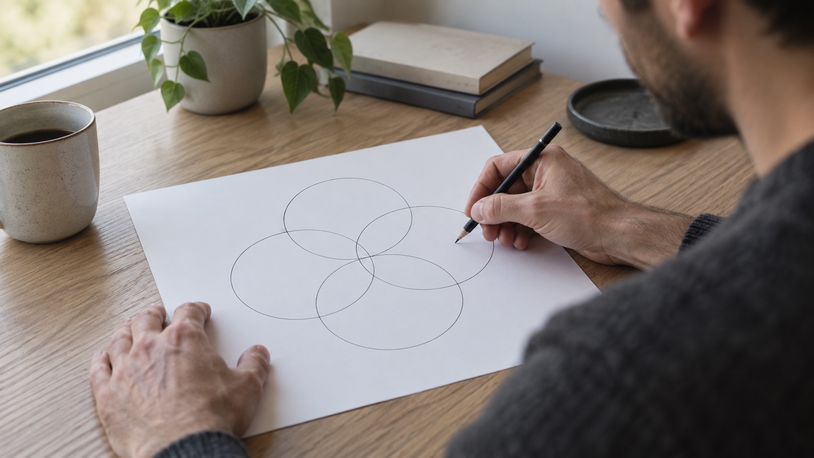 Hand drawing four empty circles on paper.